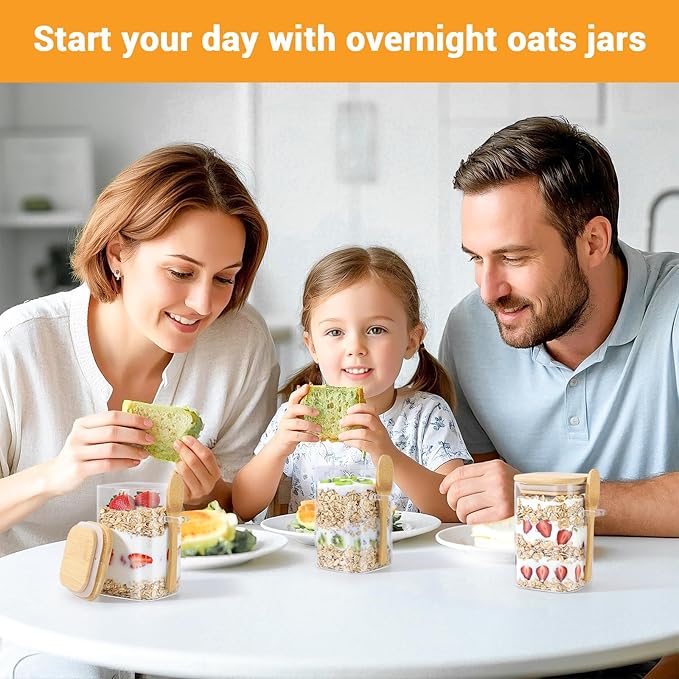 Glass Jars with Bamboo Lids and Spoons - 6 Pack 18 Fl.oz Square Glass Containers Set, Includes Labels and Marker, Clear Pantry Storage Container for Sugar, Coffee Bean, Flour, Tea, Cookies, Nuts