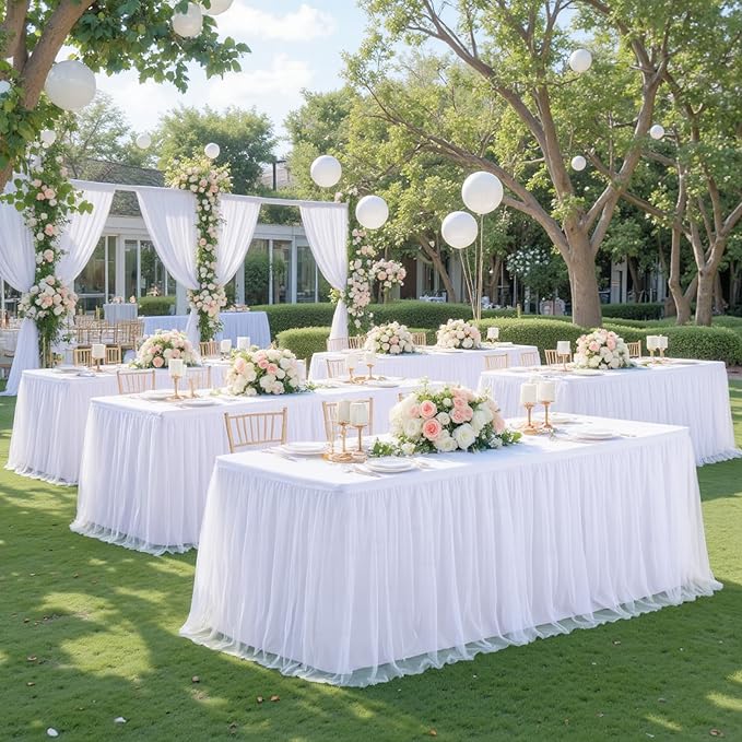 4 Pack White Tulle Tablecloths for 8 Foot Rectangular Tables, 8ft White Tulle Table Skirt, Wrinkle Free Table Cover with Tutu Skirt for Wedding Bridal Shower Birthday Party Banquet Buffet Cake Event