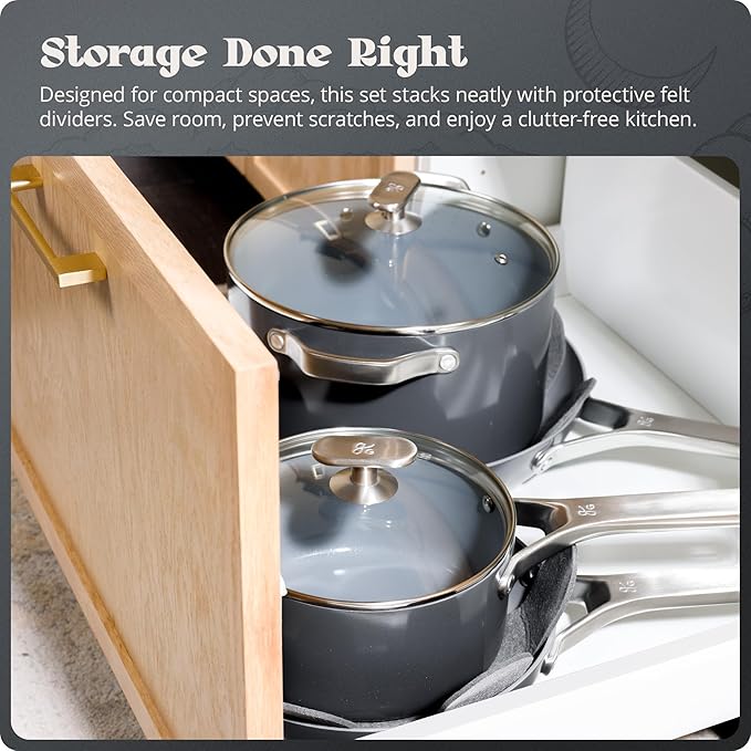 Premium Non-Toxic Ceramic Cookware Set – Triple-Layer Nonstick 12 Piece Pots and Pans with Lids, PFAS-Free, Oven Safe for Healthy Meals, Space-Saving Design, Midnight Gray Color | Greater Goods
