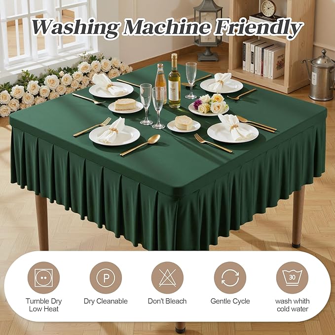 Wish Care Hunter Green Spandex Tablecloths for 48x48 Inch Square Tables, Stretch Fitted Table Clothes with Pleated Ruffle Skirt for 48” Table, Wrinkle Free and Elastic, for Party Kitchen Home Dining