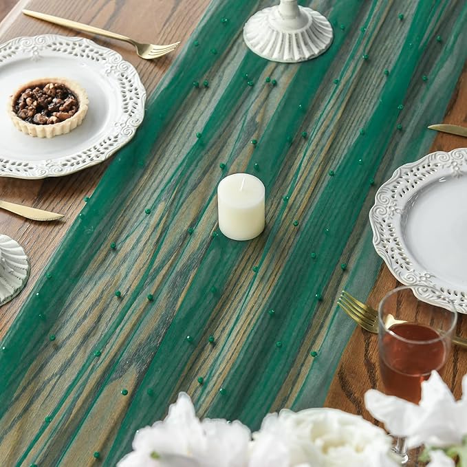 Artoid Mode 3PCS Pearl Dark Green Gauze Table Runner 120 Inch 10FT, Seasonal Sheer Dining Holiday Wedding Birthday Baby Shower Table Decor for Home Party