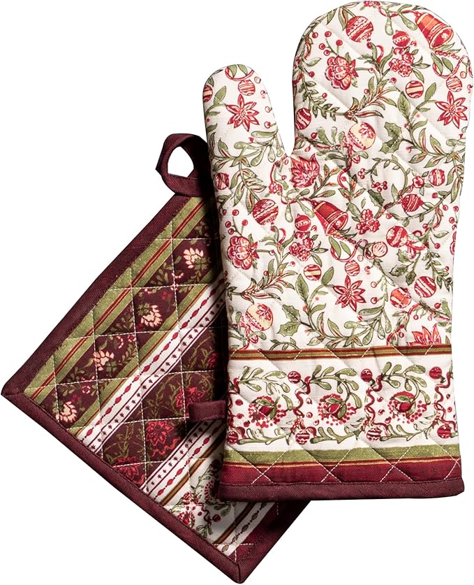 Maison d' Hermine 100% Cotton Oven Mitt & Pot Holder Set (7.5"x13" & 8"x8") Heat Resistant BBQ Cooking Gloves with Loop for Thanksgiving Christmas Decorations Handling Hot Pans (Reveillon Au Jardin)