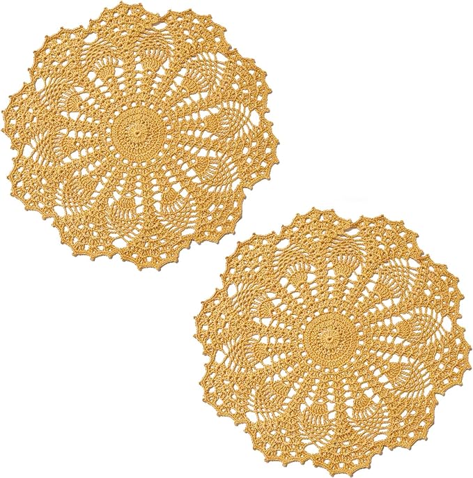BIBITIME Lace Doilies Crochet Handmade Lace Coasters Round Placemat Rustic Table Doilies Decors for Kitchen Dining Room Party Dressers (11 inches to 12 inches,Pack of 2 PCS, Champagne)