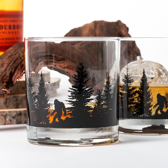 Black Lantern Whiskey Glasses - Unique Themed Cocktail & Everyday Use Drinking Glasses, Perfect for Outdoor Enthusiasts & Nature Lovers - (One 11oz. Glass) (Bigfoot in the Forest)