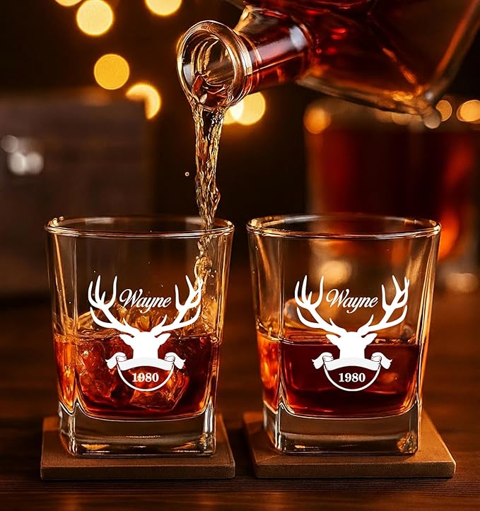 Personalized Engraved Whiskey Glass 10.25 oz – Etched Bourbon Glass with Heavy Base, Old Fashioned Cocktail Glass, Groomsmen & Father’s Day Gift (Whiskey Design 6)