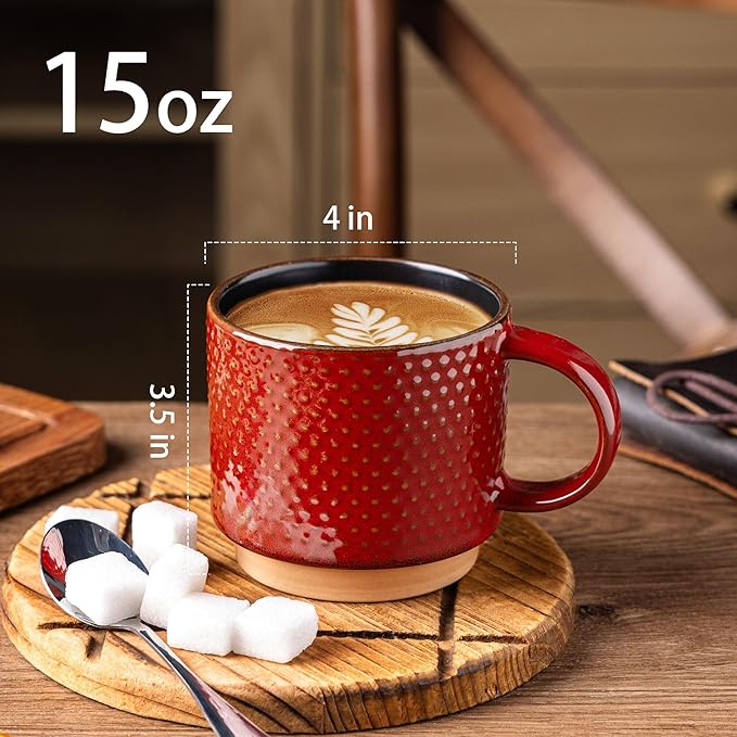 GBhome 15OZ Stackable Coffee Mugs Set of 4, Ceramic Coffee Cups with Texture Patterns for Man,Woman. Elegant Mugs Set for Latte/Cappuccino/Cocoa. Dishwasher&Microwave Safe, Red