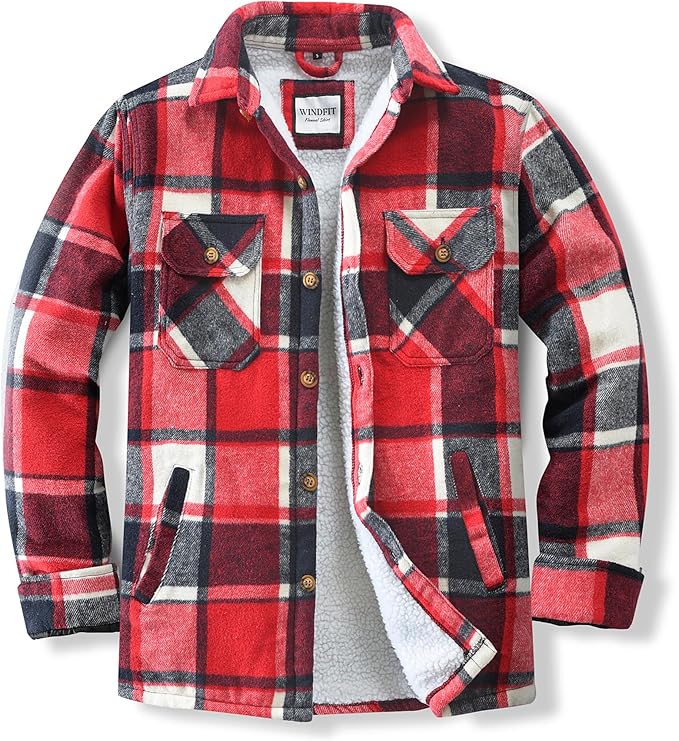 Men's Cotton Sherpa Lined Button Down Flannel Shirt Jacket Plaid Soft Outdoor Flannel Jacket Shirt