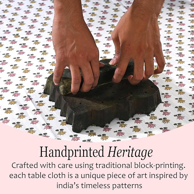 CPC Rosette Bloom Tablecloth 100% Cotton 70x118 Inch Indian Block Print Rectangle Table Cover, Table Cloth for Gifting in Weddings, Halloween, Fall, Christmas, Thanksgiving