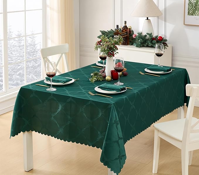 Newbridge Square Napkin, Set of 4 Napkins, Spring and Easter Ribbons and Bows Damask, Wrinkle and Stain Resistant Square Napkins, Holiday Evergreen