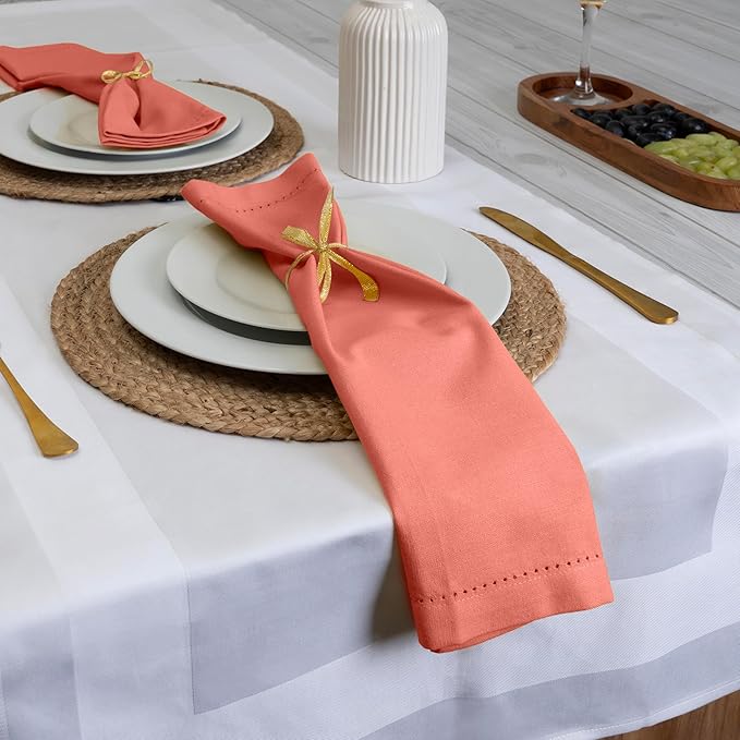 Blue Needles Set of 12 Hemstitch Linen Napkins 100% Cotton Salmon Cloth Dinner Napkins 18x18 inches, Soft, Reusable, Absorbent, Washable, Ideal for Wedding Events, Parties & Everyday Use