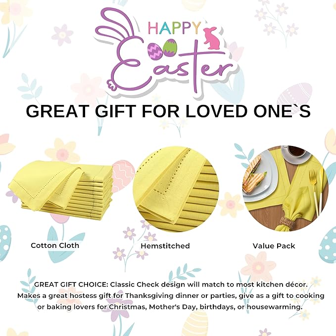Homidate Hemstitched Cotton Cloth Dinner Napkins Set of 12 – 18x18 Golden Kiwi – Reusable Machine Washable Fabric Napkins for Weddings, Thanksgiving, Christmas & Events