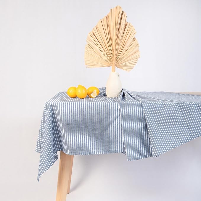 MONDAY MOOSE Striped Farmhouse Picnic Style Decoration Rectangle Natural Stonewashed Cotton Tablecloth for Kitchen, Dining Room, Restaurant (60x86 inch, Blue/White Stripes)
