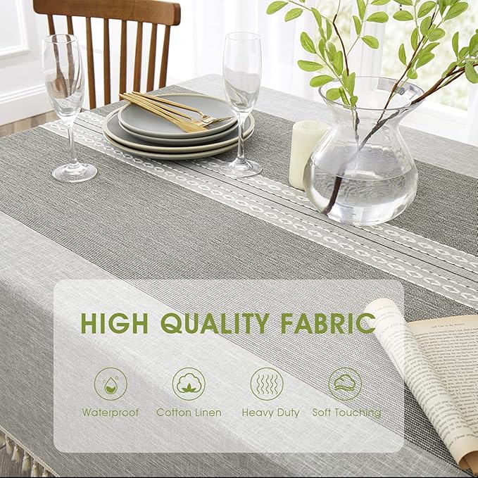 QIANQUHUI Embroidered Tablecloth for Dining Table,Dust Proof Spillproof Soil Resistant Cotton Linen Rectangle Table Cloths (Grey Lines, Rectangle/Oblong, 55'x86'', 6-8 Seats)