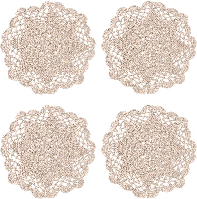 BIBITIME Handmade Crochet Round Lace Doilies Kitchen Table Placemats Wedding Tea Flower Vase Cup Mats (Beige, 6" to 7",Pack of 4PCS)