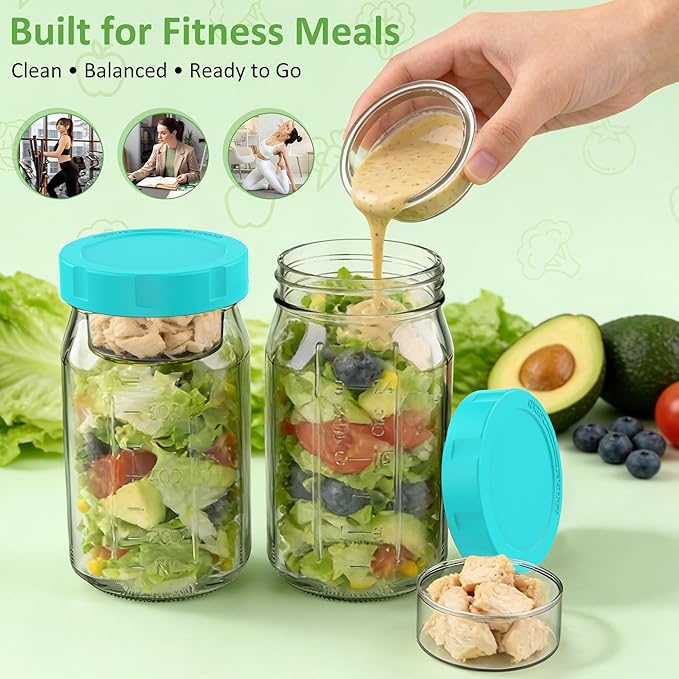 4Pack Glass Salad Jars with Lids, 32oz Salads Mason Jars with Wet/Dry Separation Cup, Meal Prep Salad Containers for Lunch, Leakproof Wide Mouth Food Storage Containers, BPA-Free Reusable (Mint Green)