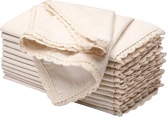 Homidate Cloth Dinner Napkins Linen Flax Cotton 18x18 Set of 12 – Natural with Lace & Mitered Corners – Machine Washable Reusable Fabric Napkins for Weddings, Parties & Table Decorations