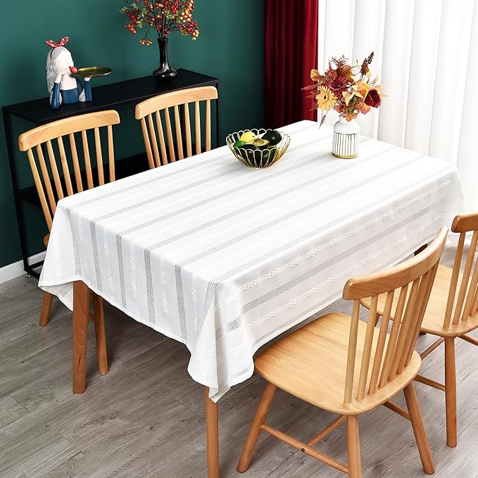 White Cotton Rectangle Tablecloth (52''x52'', 4 Seats) - Heavy Duty, Farmhouse Vintage, Washable