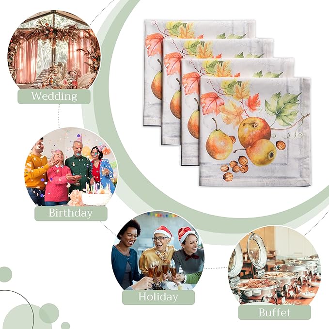 Maison d' Hermine Cloth Napkins Set of 4 100% Cotton for Thanksgiving Christmas Decorations Everyday Reusable Square Fall Napkins Cloth Washable Dinner Party (Fruit D'Hiver, 20"x20")