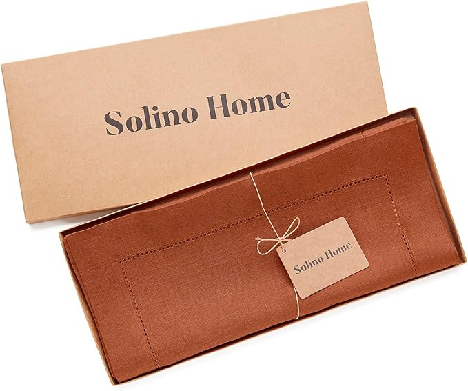 Solino Home Linen Table Runner 108 Inches Long - 100% Pure Linen Cinnamon Table Runner 14 x 108 Inch - Classic Hemstitch