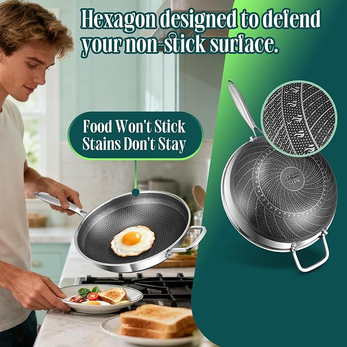 AOSION Hybrid 13 inch Stainless Steel Wok with Steamer, PFOA Free Cookware, Nonstick Wok Pan & Stir-Fry Pans with Lid and Draining Mat, Works on Induction, Dishwasher & Oven Safe