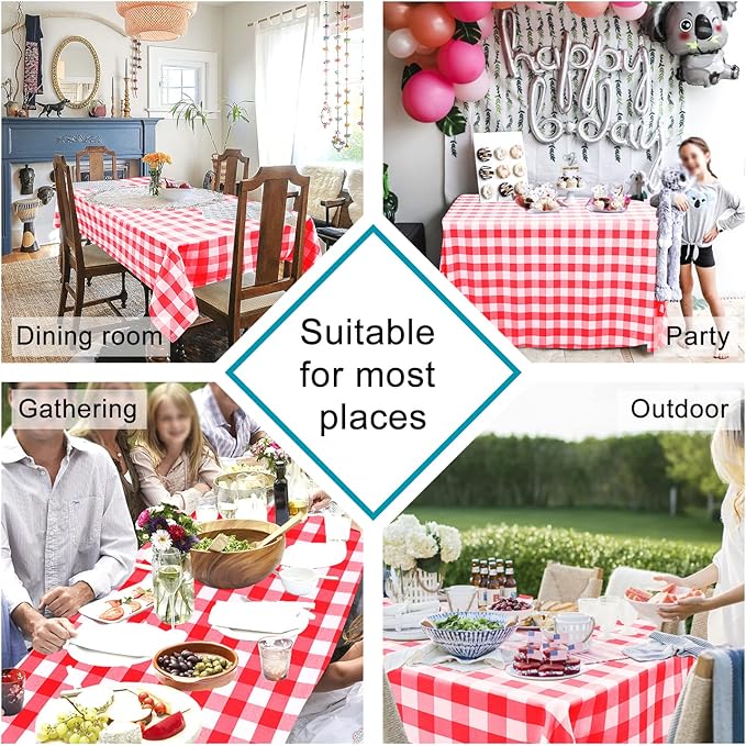Hiasan Checkered Tablecloth Rectangle, 70 x 90 Inch - Waterproof and Wrinkle Resistant Table Cloth for Picnic, Dinner and Party, Washable Polyester Fabric, Red and White Gingham Pattern