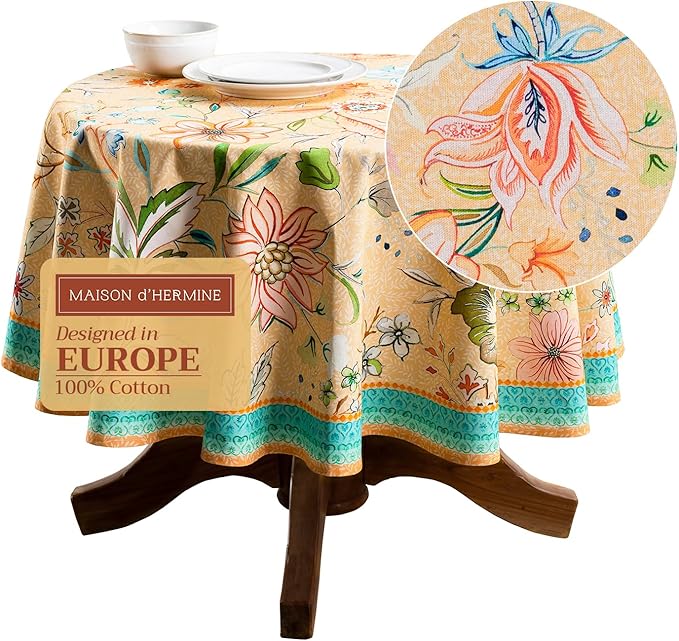 Maison d' Hermine Table Cloth Round Table 100% Cotton 69 Round Inches Tablecloth Reusable Decorative for Dining Room Farmhouse Home Valentines Day Decorations Spring Summer - Luxury Loft - Peach