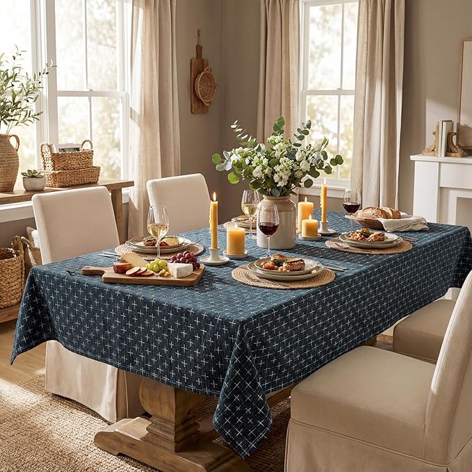 Horaldaily Navy Blue Rectangular Table Cloth, Cross-Star Solid Textured Embroidery Tablecloth, Wrinkle Free Washable 60×140 Inch Table Cover for Kitchen, Party, Wedding, Picnic, Outdoor