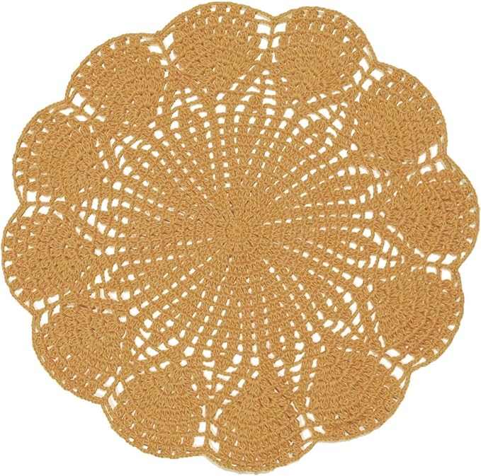 BIBITIME Round Flower Lace Doilies Vase Mats Kitchen Tablecloth Dish Plate Mat Handmade Crochet Table Doily Placemats (Khaki, 11.8 in to 13.8 in,1PC)