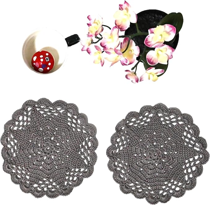BIBITIME Handmade Crochet Round Lace Doilies Kitchen Table Placemats Wedding Tea Flower Vase Cup Mats (Dark Grey, 6" to 7",Pack of 2PCS)