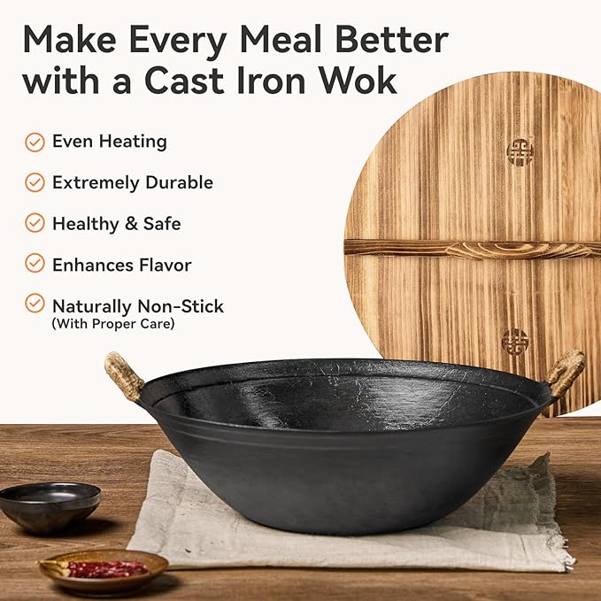 WANGYUANJI 14.2 Inch Cast Iron Wok with Wooden Lid and Iron Spatula, Flat Bottom Double-Handle Chinese Stir Fry Pan, Uncoated Cast Iron Wok for Induction, Gas and Electric Stoves