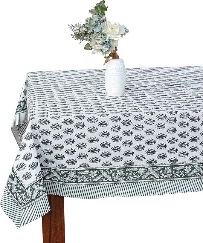 Ridhi Hand Block Print Emerald Green Rectangle Cotton Tablecloth 102" x 48" Reusable Table Cover Decorative Everyday Use for Dining, Farmhouse, Home Gift for Spring, Easter, Valentine