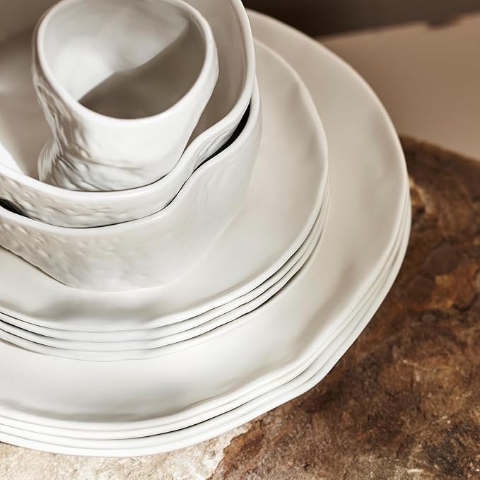 Stone by Mercer Project Atik Modern Stoneware 32-Piece Dinnerware Set, Plate and Bowl Set, Dish set for 8, White