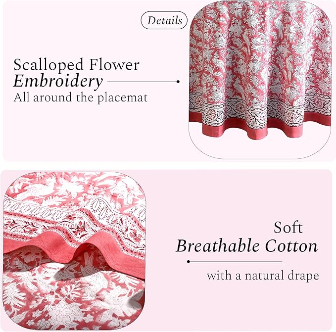 CPC Coral Pink 132 Inch Round Tablecloth Cotton Indian Block Print Tablecloth Handmade Printed Washable Cotton Table Cloth Spring Summer Wedding Table Cover