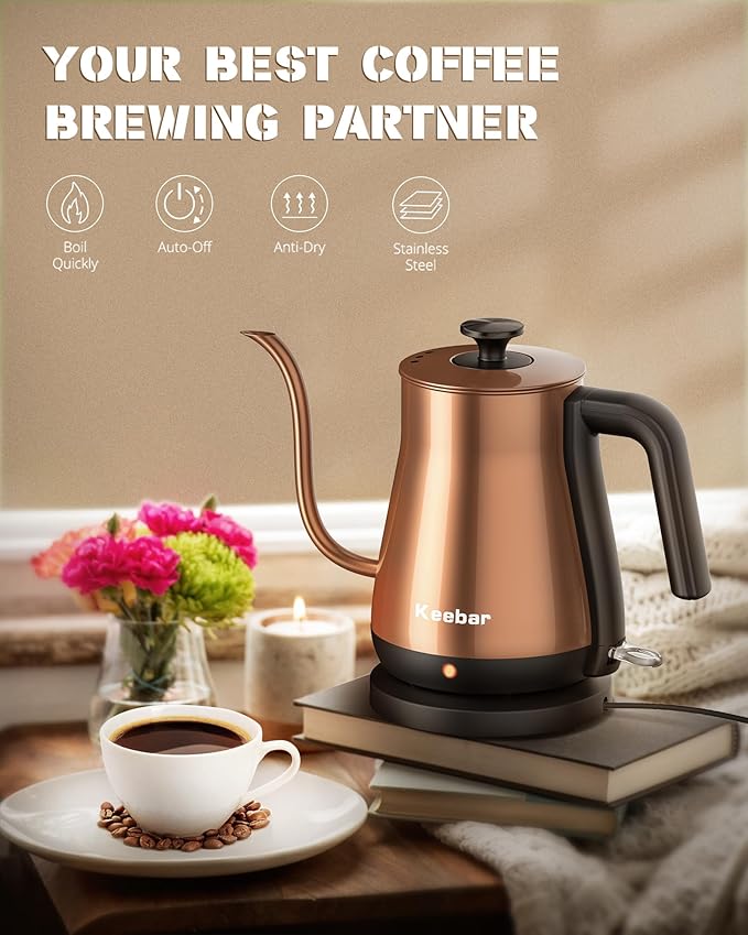Electric Kettle Keebar, Tea Kettle & Pour Over Coffee Kettle, 100% Stainless Steel Gooseneck Electric Kettle, Hot Water Kettle with Auto Shut Off, 0.8l,1000W,Copper