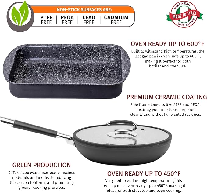 DaTerra Cucina Nonstick Supper Bundle – 11" Frying Pan with Lid & Roasting/Lasagna Pan – Oven Safe, Durable & Stylish - PTFE & PFOA Free - Made in Italy, Volcanic Black Speckled Ceramic
