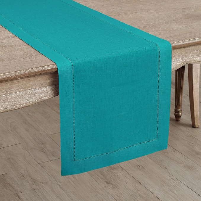 Solino Home Linen Teal Table Runner 132 Inches Long - 100% Pure Linen Extra Long Table Runner 14 x 132 Inch - Classic Hemstitch