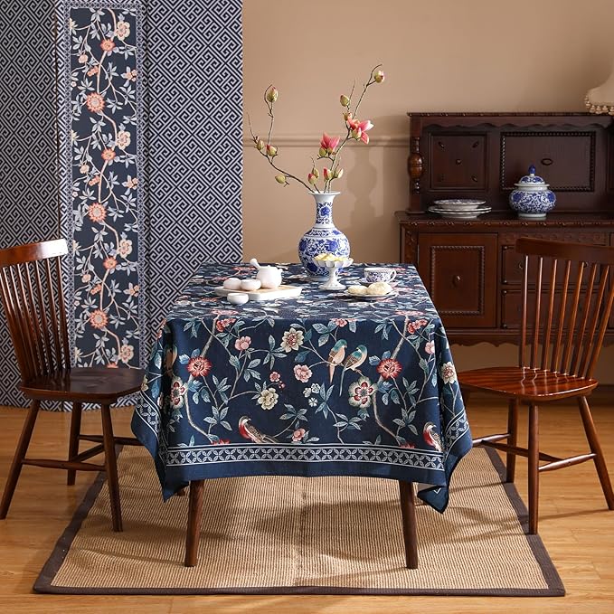 patdrea Designer Vintage Dark Blue Linen Rectangle Tablecloth,Navy French Floral and Birds Pattern Table Cloth,Decoration Table Cover for Kitchen,Dining,Tea Party,Home,Christmas,63"*102"