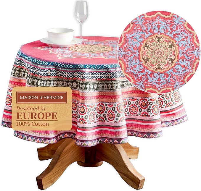 Maison d' Hermine Table Cloth Round Table 100% Cotton 63 Inches Fall Tablecloth Reusable Everyday Use for Thanksgiving Christmas Decorations Dining Farmhouse Party (Ispahan)