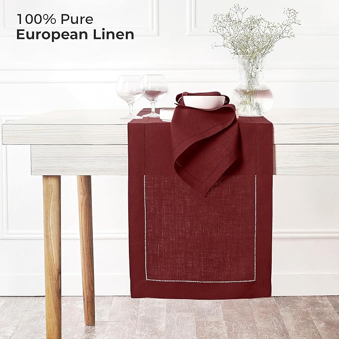 D'Moksha Homes Linen Dark Red Table Runner 132 Inches Long - 100% Pure Linen Extra Long Table Runner 14 x 132 Inch for Valentines, Spring - Classic Hemstitch
