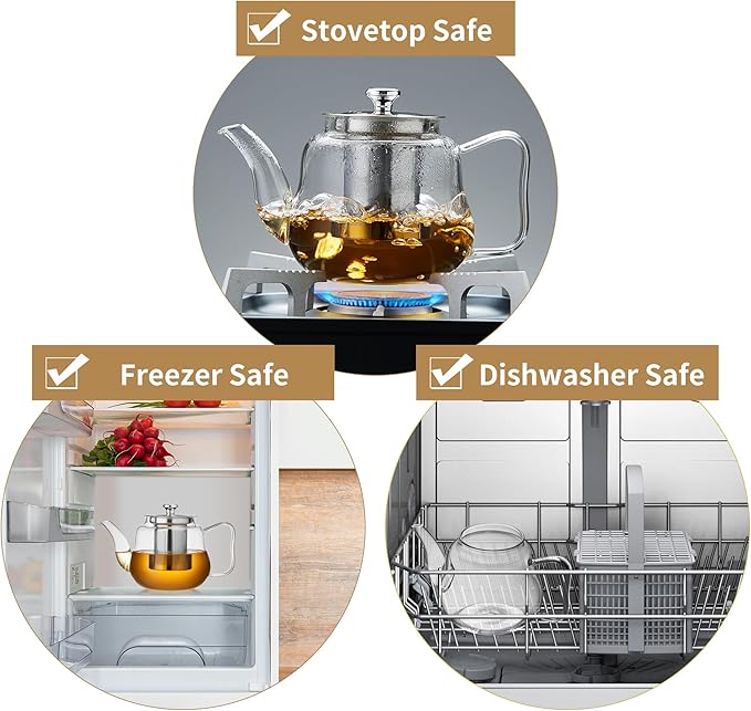 Glass Tea Pot with Infuser and Lid, Heat Resistance Borosilicate Glass Tea Kettle for Gas Stovetop, Suit for Blooming and Loose Leaf Tea, 32 fl oz