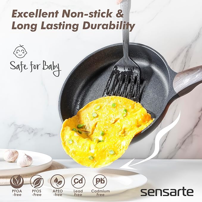 SENSARTE Pots and Pans Set Non stick, Non toxic Healthy Induction Cookware Sets, 14 Pcs Non Stick Kitchen Cooking Set with Frying Pans Set & Saucepan, PFOA PFOS Free, Black