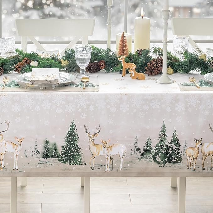 Maison d' Hermine Table Cloth Rectangle Table 100% Cotton 54 x 72 Inches Fall Tablecloth Reusable Everyday Use for Thanksgiving Christmas Decorations Dining Farmhouse Party (Deer in The Woods)