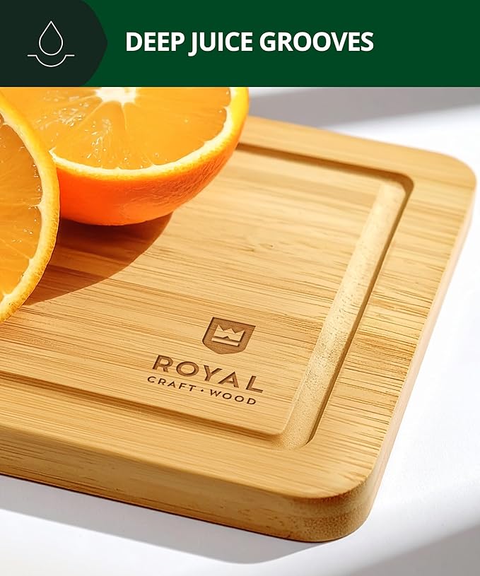 ROYAL CRAFT WOOD Premium Cutting Board Set – Non Toxic Bamboo & Wooden Cutting Boards for Kitchen Meal Prep, Durable Butcher Block for Meat with Side Handles, Deep Juice Groove, Charcuterie & Chopping