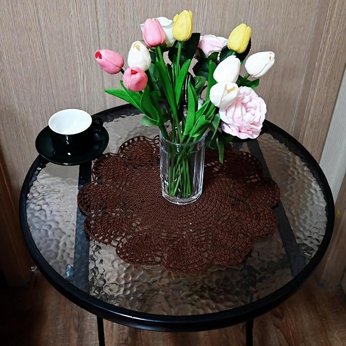 BIBITIME Round Flower Lace Doilies Vase Mats Kitchen Tablecloth Dish Plate Mat Handmade Crochet Table Doily Placemats (Coffee, 11.8 in to 13.8 in,2PCS)
