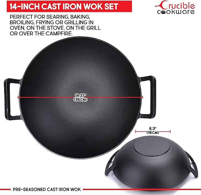 Crucible Cookware 14-Inch Cast Iron Wok Set (Pre-Seasoned), Glass Lid & Silicone Hot Handle Holders
