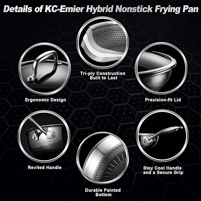12 Inch Non-Stick Frying Pan with Lid Tri-Ply Stainless Steel Pan with Stay-Cool Handle Oven & Dishwasher Safe For Induction, Ceramic & Gas Stovetops
