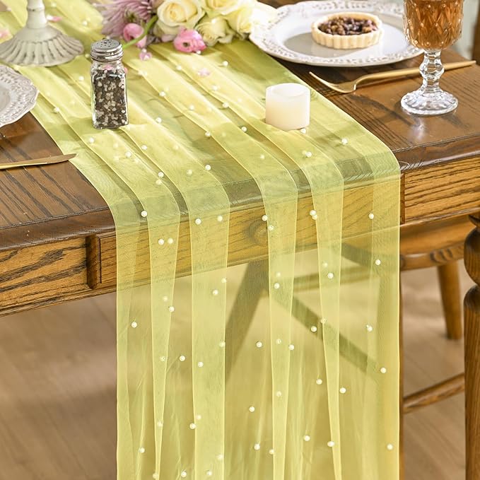 Artoid Mode Pearl Yellow Gauze Table Runner 120 Inch, Seasonal Sheer Dining Holiday Wedding Birthday Baby Shower Table Decor for Home Party