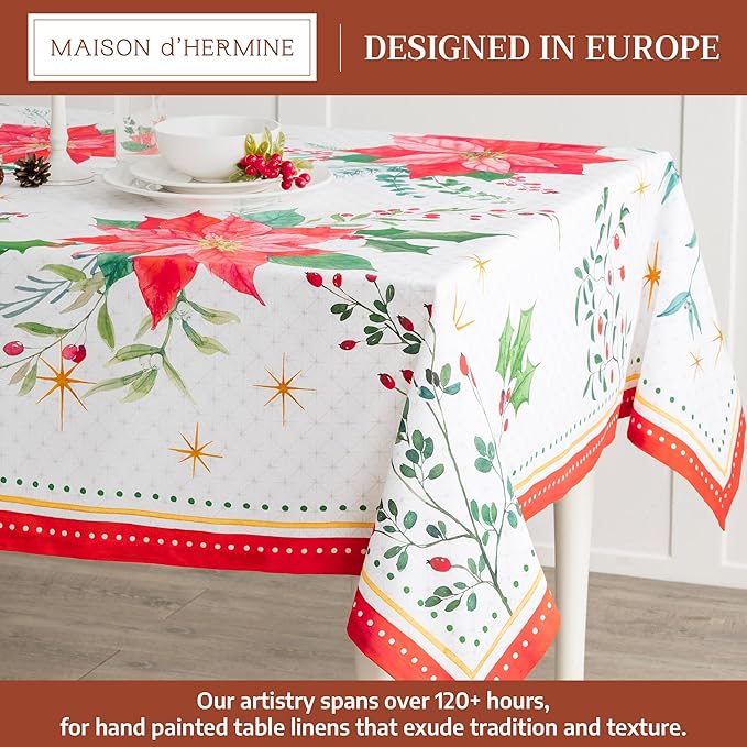 Maison d' Hermine Table Cloth Square Table 100% Cotton 60 x 60 Inches Fall Tablecloth Reusable Everyday Use for Thanksgiving Christmas Decorations Dining Farmhouse Party (Poinsettia Christmas)