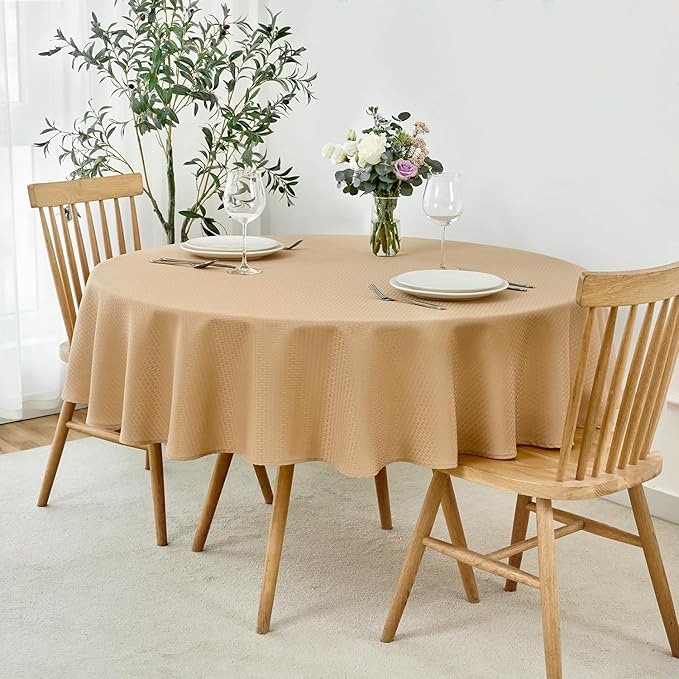 maxmill Round Weaved Texture Design Tablecloth Spill-Proof Wrinkle Free Soft Washable Table Cloth for Circular Table Cover, for Dining Room Buffet Banquet Parties Holiday Dinner, 90 Inch Beige