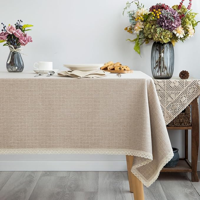 Lace Trim Tablecloth Linen-Look Textured Rustic Style Machine Washable Solid Heavy Weight Rectangle/Oblong Table Cloth Cover for Kitchen Dinning Tabletop Decoration 55x102 in Beige